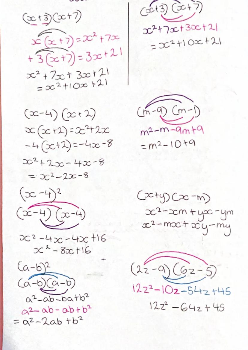 3(x-2)
= 3x-6
-2 Cy+4)
-24-8
=
x (x + 4)
x² + 4x
multiplying brackets
Single brackets
5(x + 7)
-5x+35
-7(m-3)
=-7m+24
y (2y-m)
= 2y²-ym
x-n-