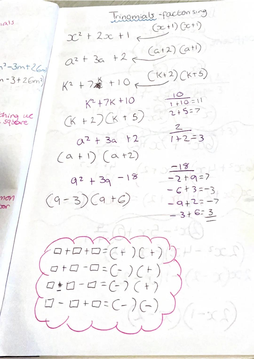 3(x-2)
= 3x-6
-2 Cy+4)
-24-8
=
x (x + 4)
x² + 4x
multiplying brackets
Single brackets
5(x + 7)
-5x+35
-7(m-3)
=-7m+24
y (2y-m)
= 2y²-ym
x-n-