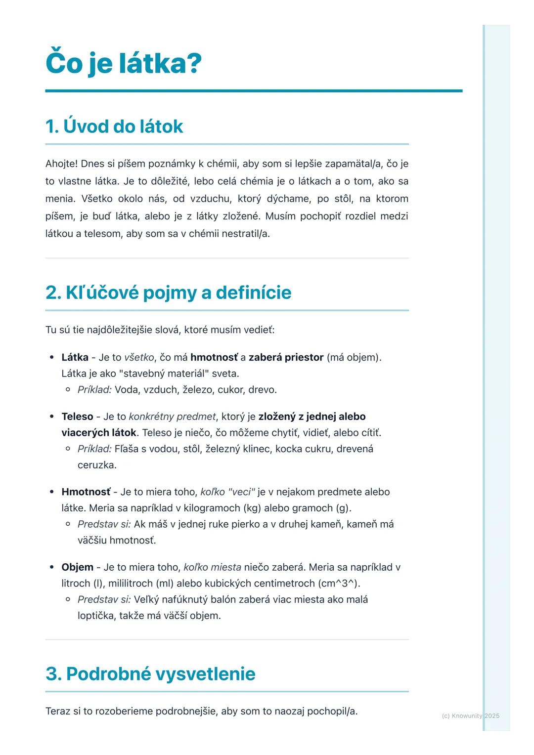 # Čo je látka?
1. Úvod do látok
Ahojte! Dnes si píšem poznámky k chémii, aby som si lepšie zapamätal/a, čo je
to vlastne látka. Je to dôle