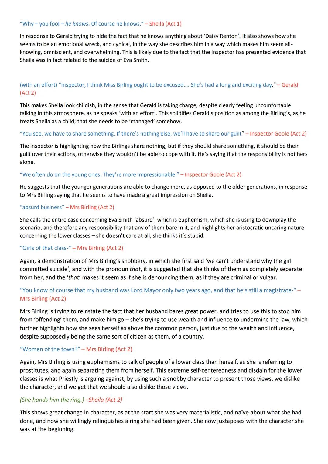 Inspector Calls Key Quotes and Analysis
This colour is the character/act reference, this is for stage directions, this is a quote, this is e