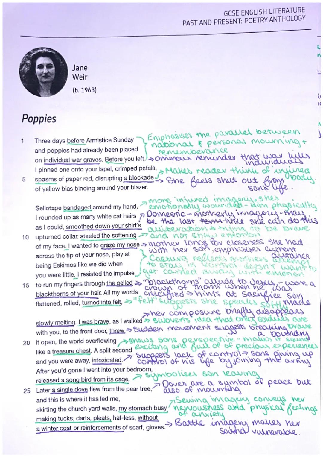 Poppies
1
Jane
Weir
(b. 1963)
5
Three days before Armistice Sunday
and poppies had already been placed
on individual war graves. Before you
