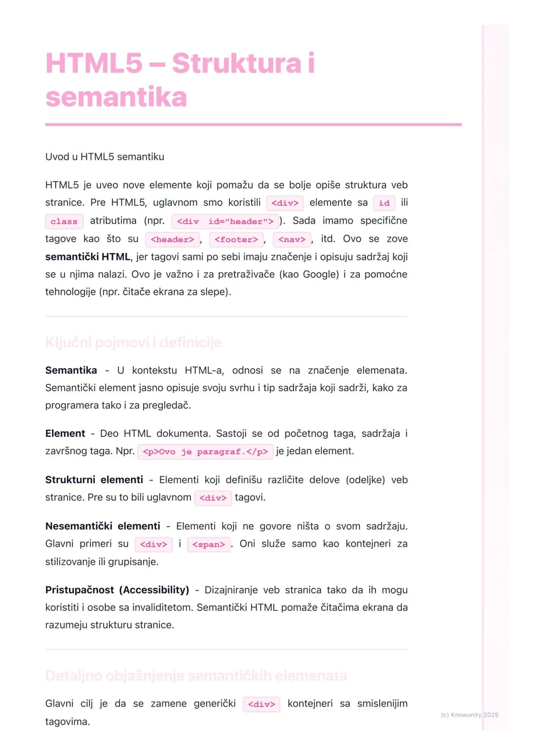 # HTML5-Struktura i
semantika
Uvod u HTML5 semantiku
HTML5 je uveo nove elemente koji pomažu da se bolje opiše struktura veb
stranice. Pre