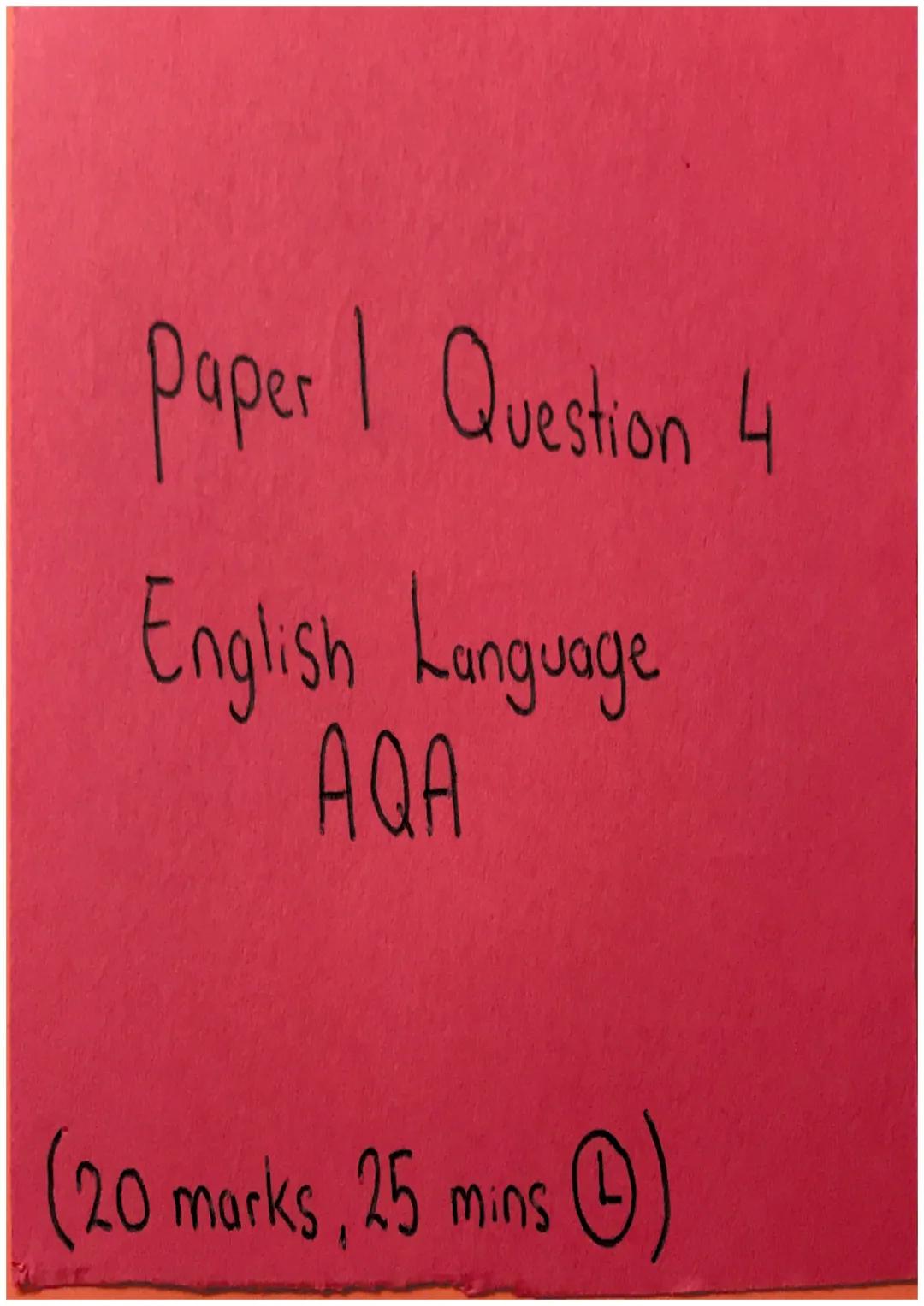 Paper Question 2
1
English Language
AQA
(8 marks, 10-12 mins Ⓒ) The writer has used a (method)
to Show... (quote)
This Suggests...
The write