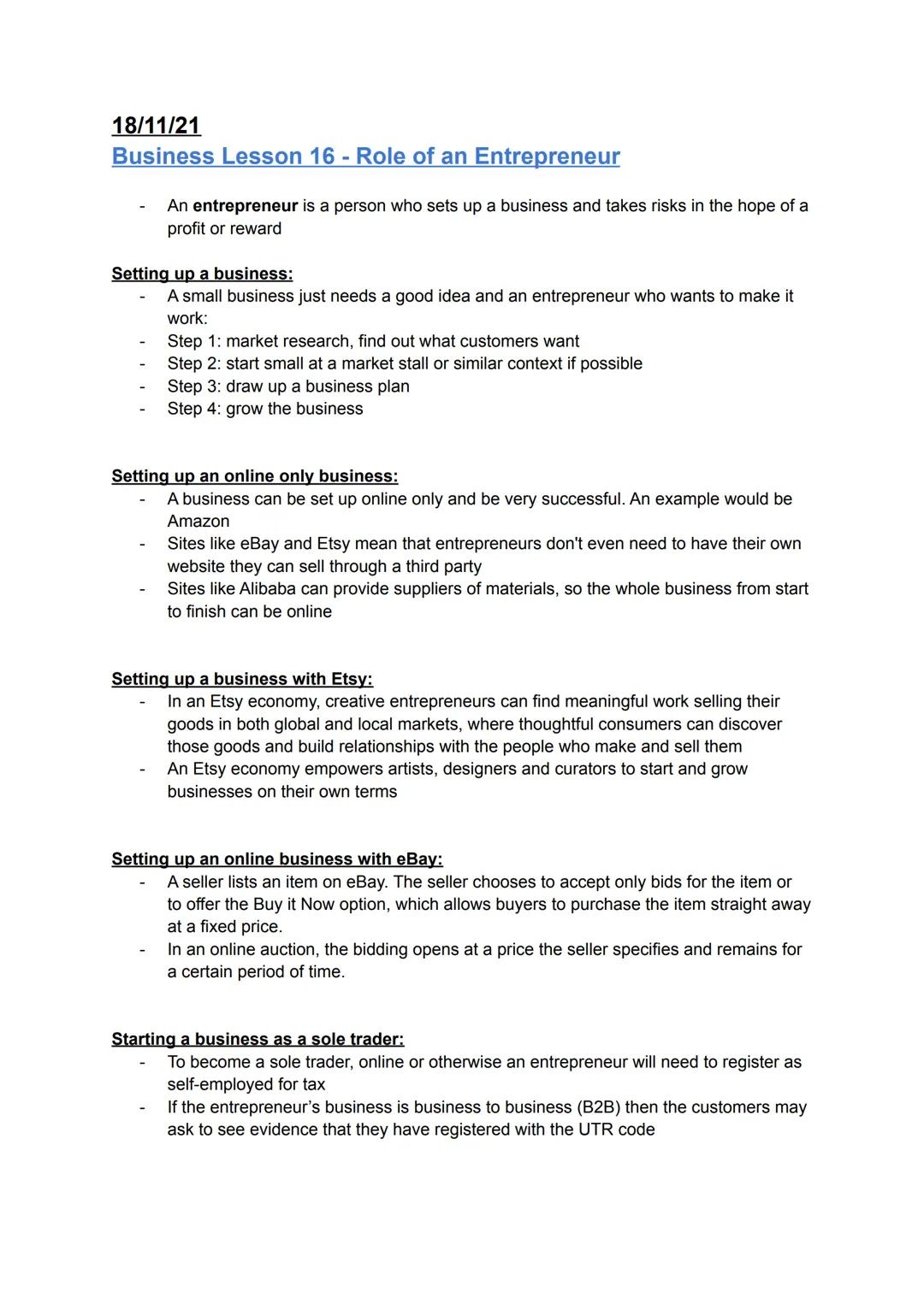 Business Studies - Role of an Entrepreneur