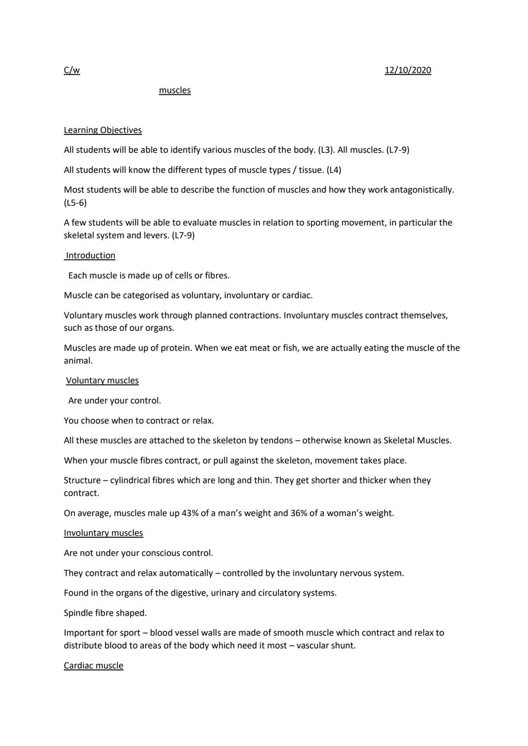 Detailed Notes on Muscles for OCR GCSE PE