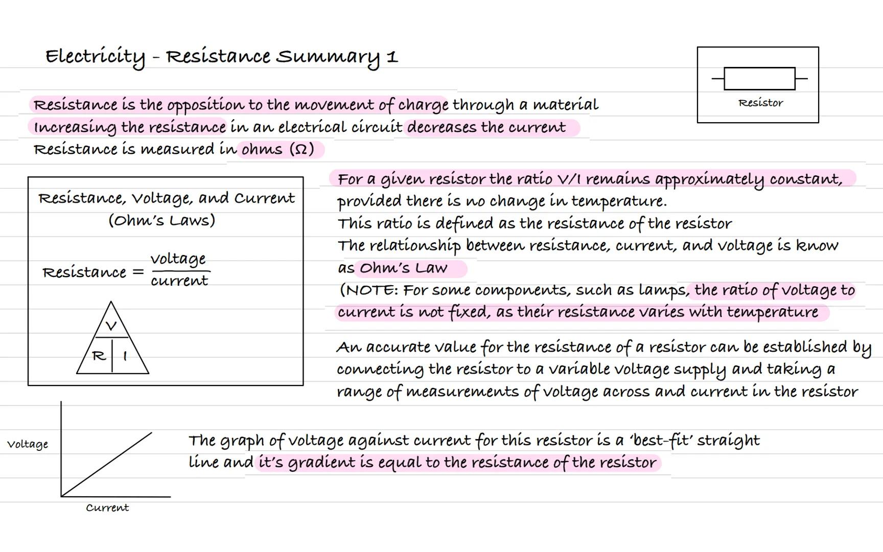 Electricity - Resistance Summary 1
Resistance is the opposition to the movement of charge through a material
Increasing the resistance in an
