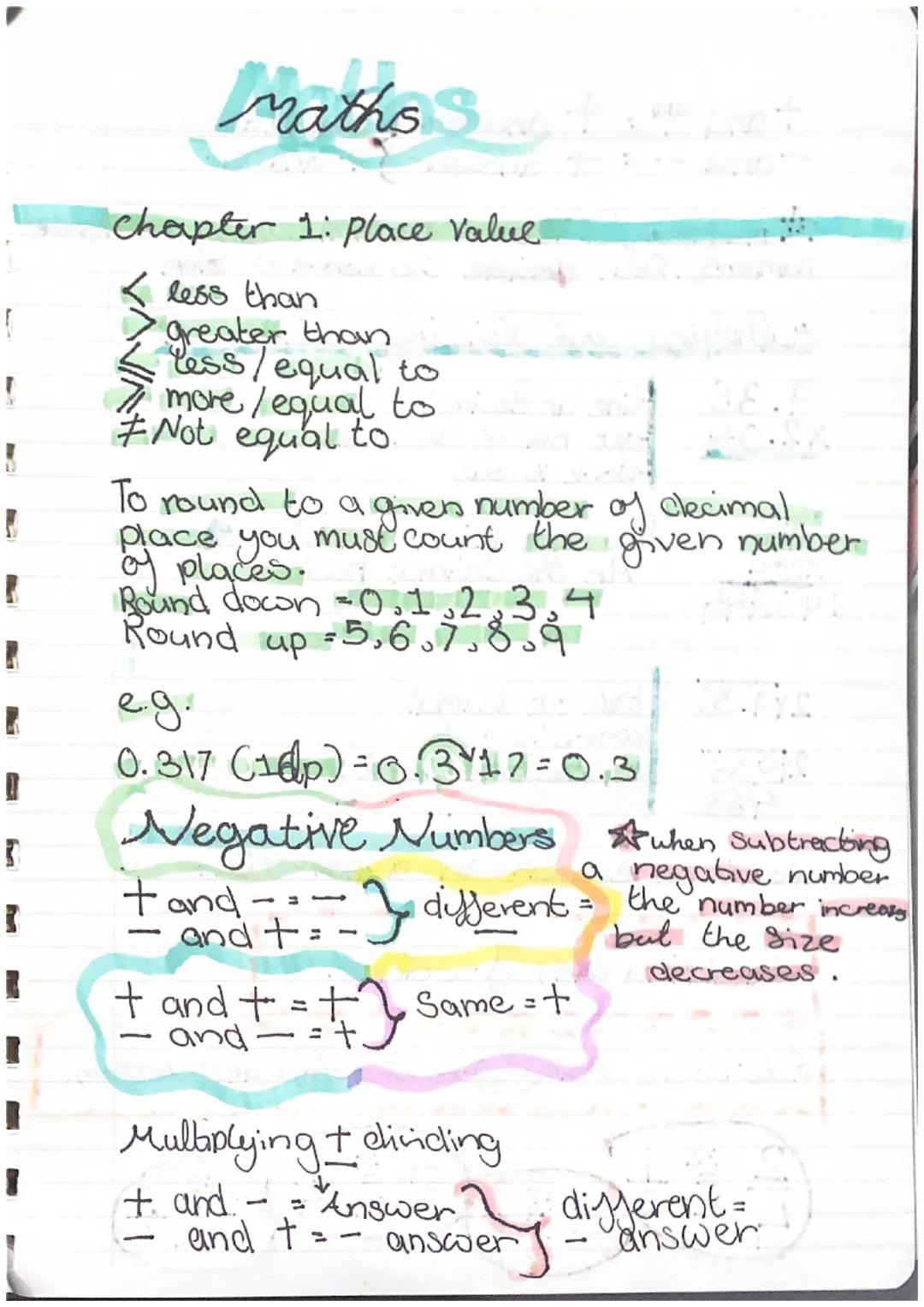 [
I
}
I
1
I
3
3
1
I
Maths S
chapter 1: place value.
less than
"greater than
less/equal to
more / equal to
#Not equal to
To round to a given