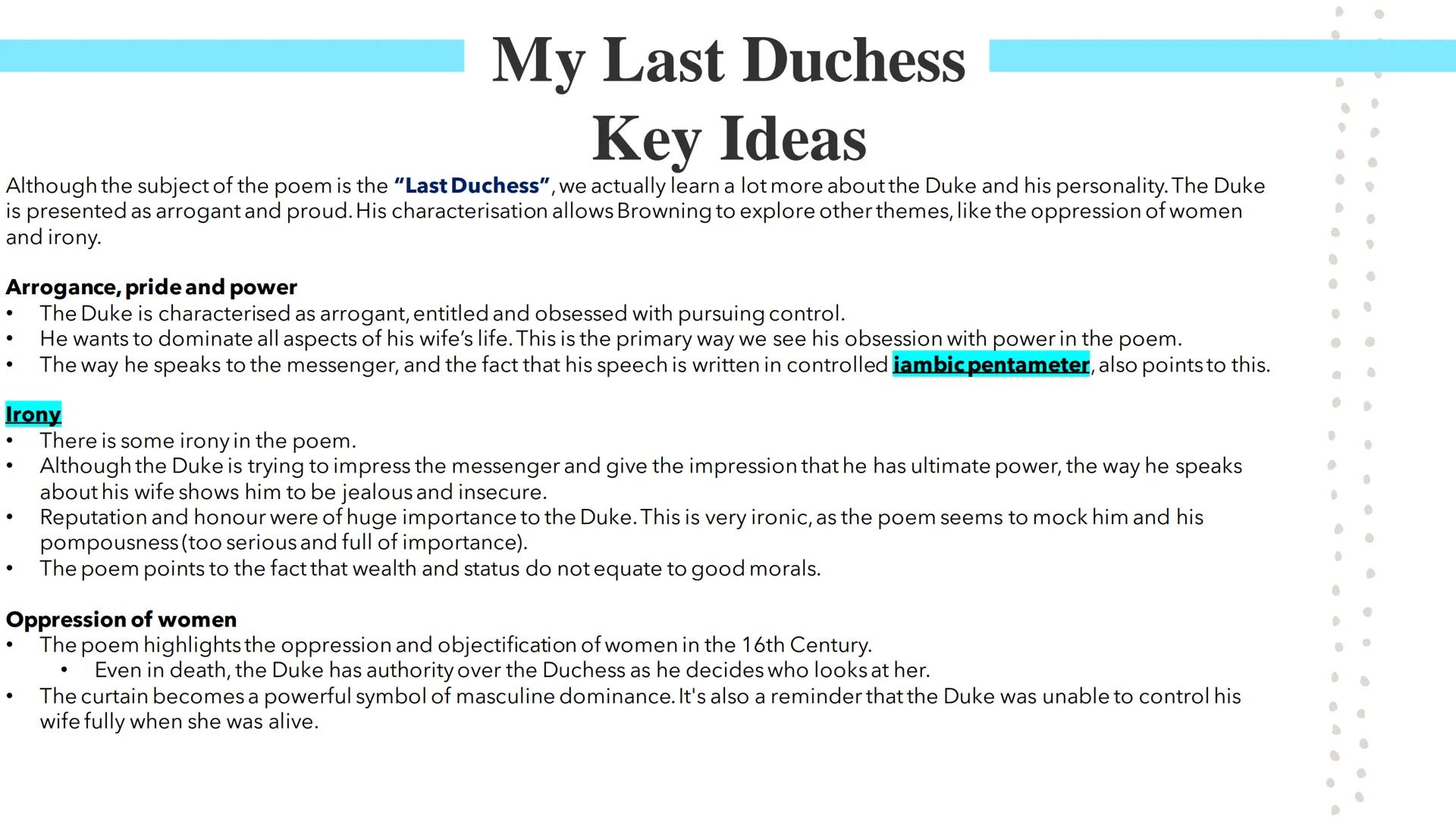 My Last Duchess
Poetry GCSEs My Last Duchess
Poetry GCSEs My Last Duchess
Robert Browning wrote My Last Duchess in 1845, but the poem was se