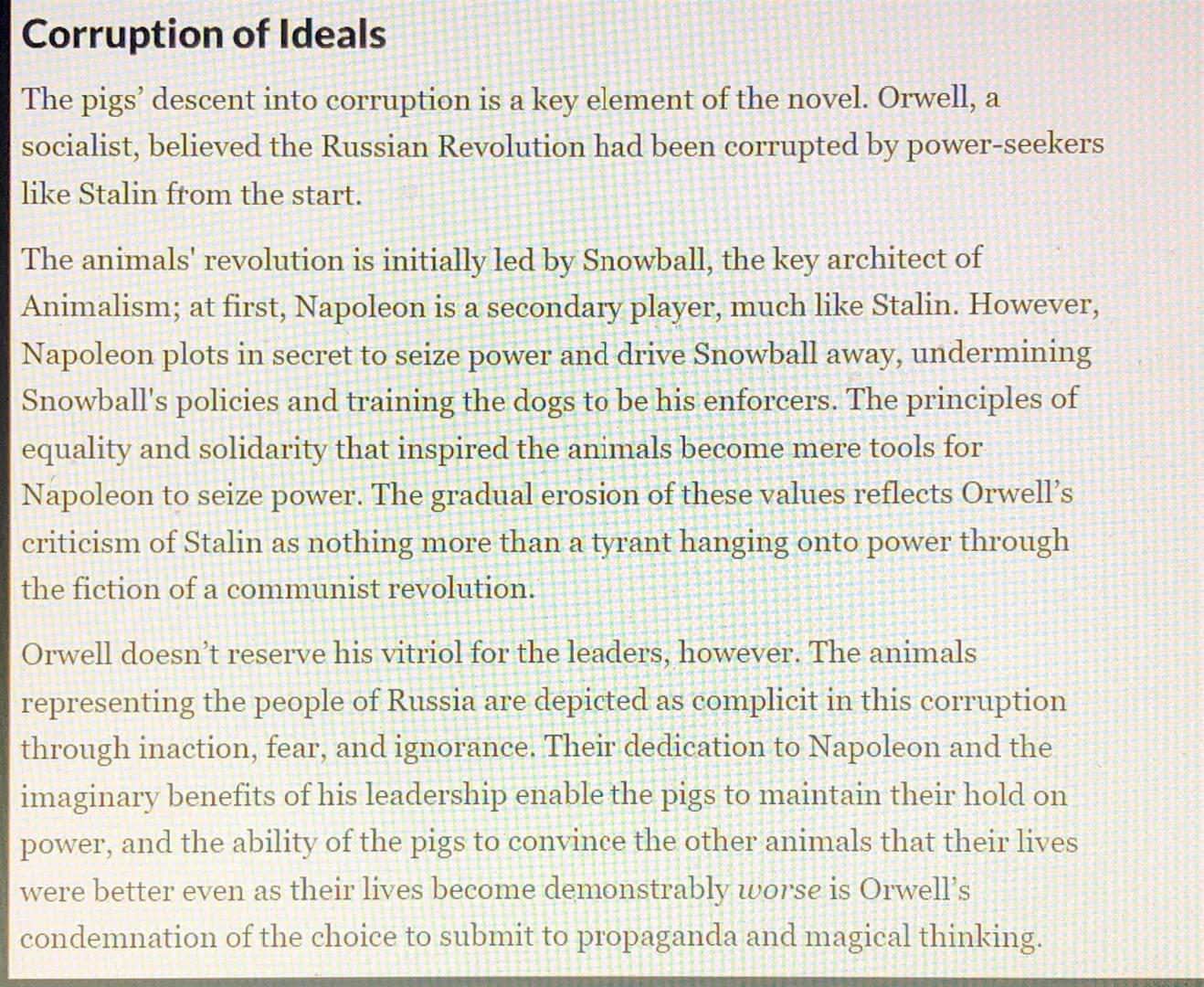 Political Allegory
Orwell frames his story as a political allegory; every character represents a
figure from the Russian Revolution. Mr. Jon