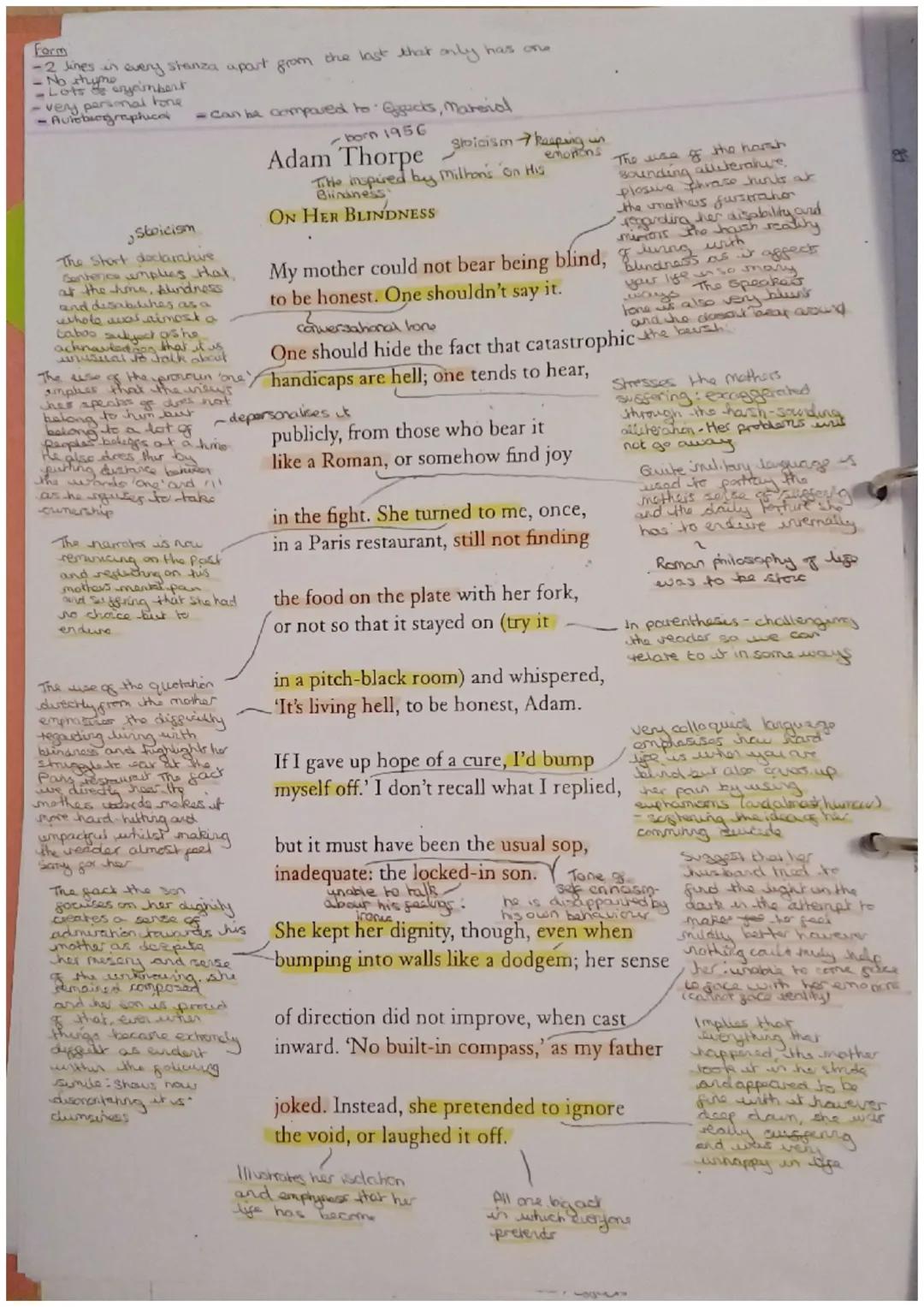 Form
-2 lines in every stanza apart from the last that only has one
No thym angeimbert
Lots de
very personal tone
-Avisbiographica
Stoicism