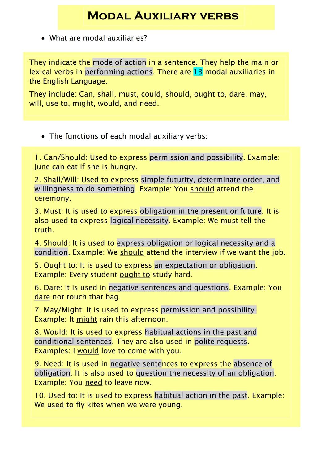 # MODAL AUXILIARY VERBS
• What are modal auxiliaries?
They indicate the mode of action in a sentence. They help the main or
lexical verbs