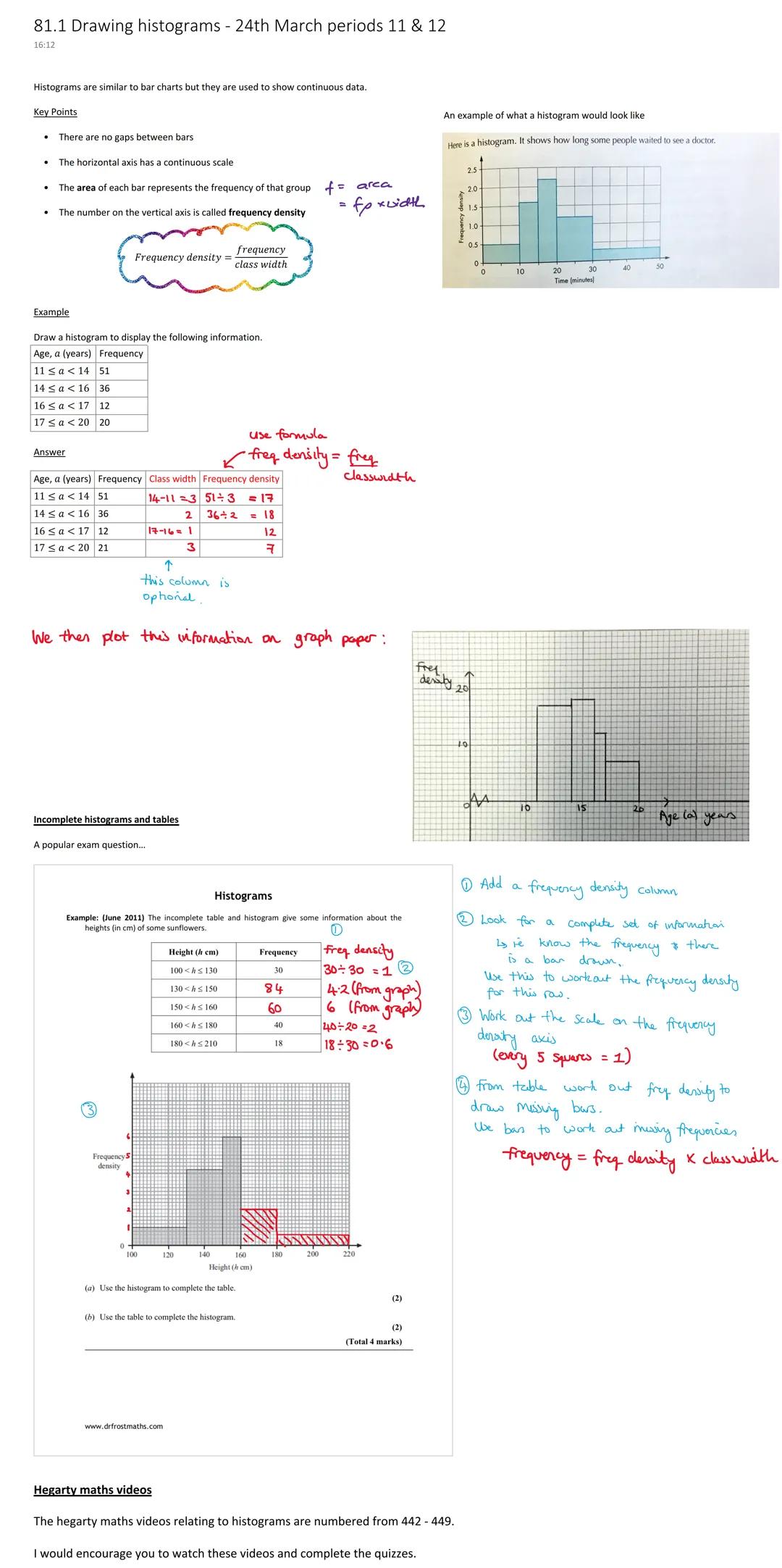 81.1 Drawing histograms - 24th March periods 11 & 12
16:12
Histograms are similar to bar charts but they are used to show continuous data.
K