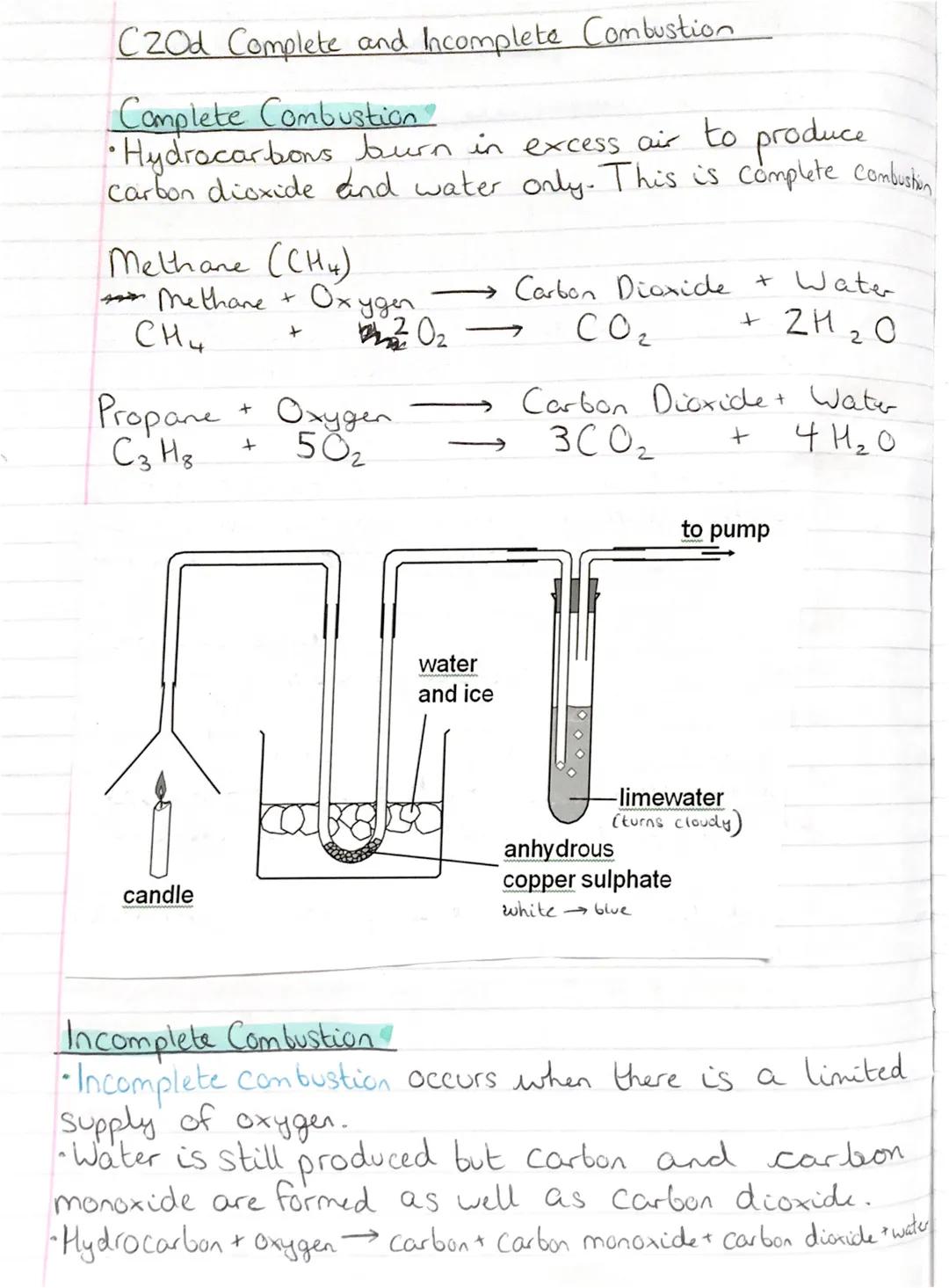 C2Od Complete and Incomplete Combustion
Complete Combustion
•Hydrocarbons burn in excess air to produce
carbon dioxide and water only. This