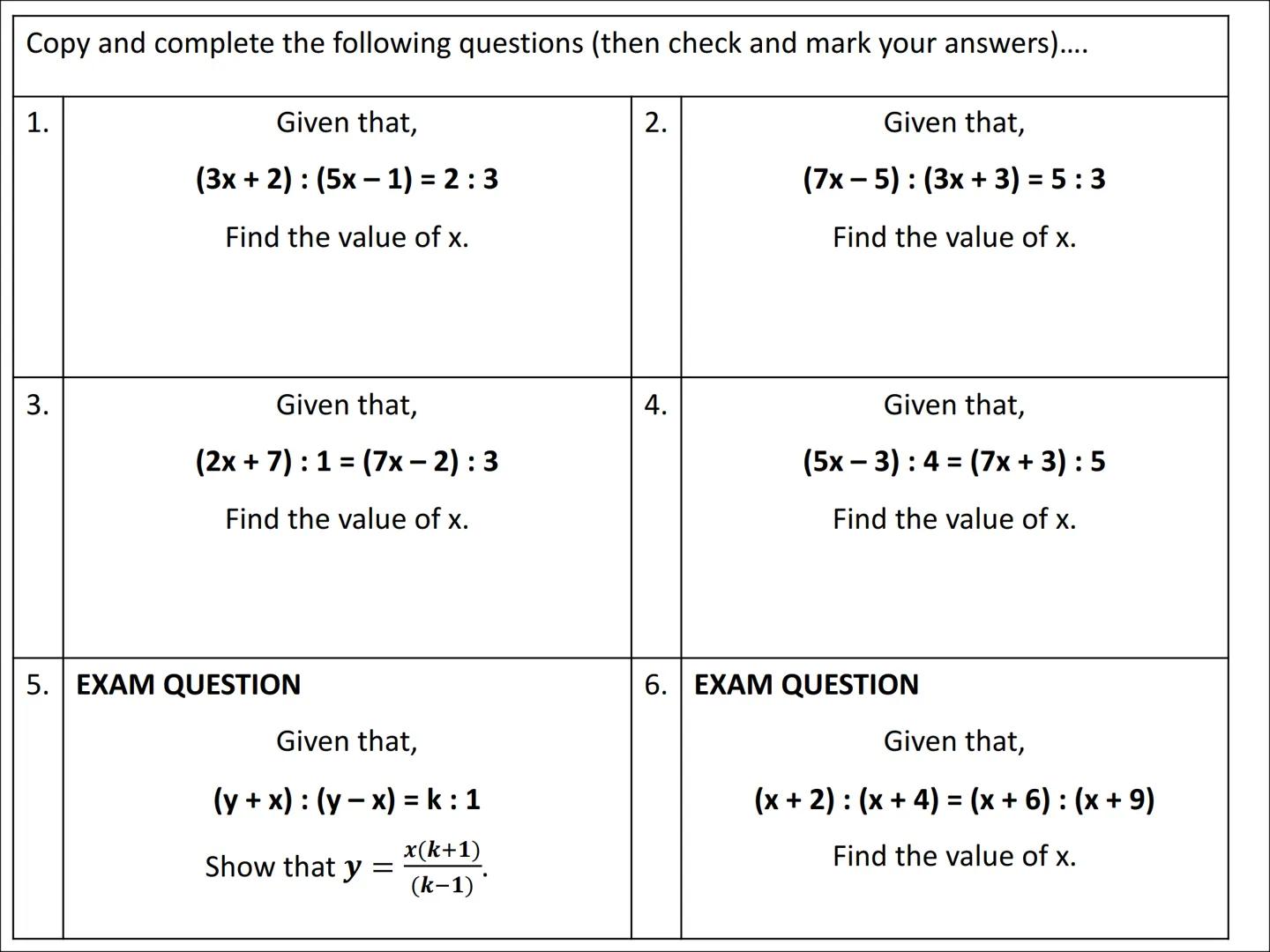 # Ratio Algebra Problems
Type 1 Example
Given that,
$(2x+1): (3x-5) = 2:5$
Find the value of x.
Your Turn!!!
Given that,
$(5x-2): (2x