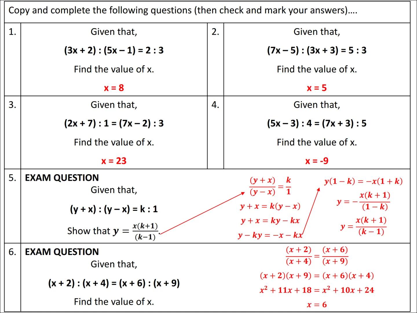 # Ratio Algebra Problems
Type 1 Example
Given that,
$(2x+1): (3x-5) = 2:5$
Find the value of x.
Your Turn!!!
Given that,
$(5x-2): (2x