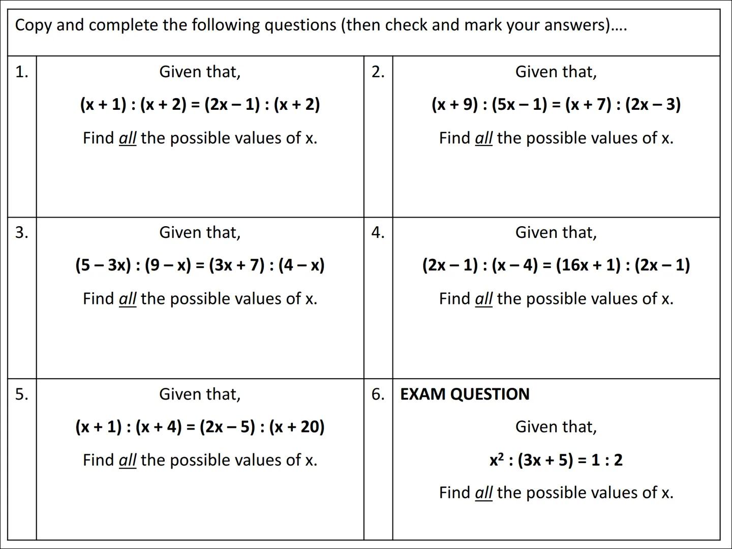 # Ratio Algebra Problems
Type 1 Example
Given that,
$(2x+1): (3x-5) = 2:5$
Find the value of x.
Your Turn!!!
Given that,
$(5x-2): (2x
