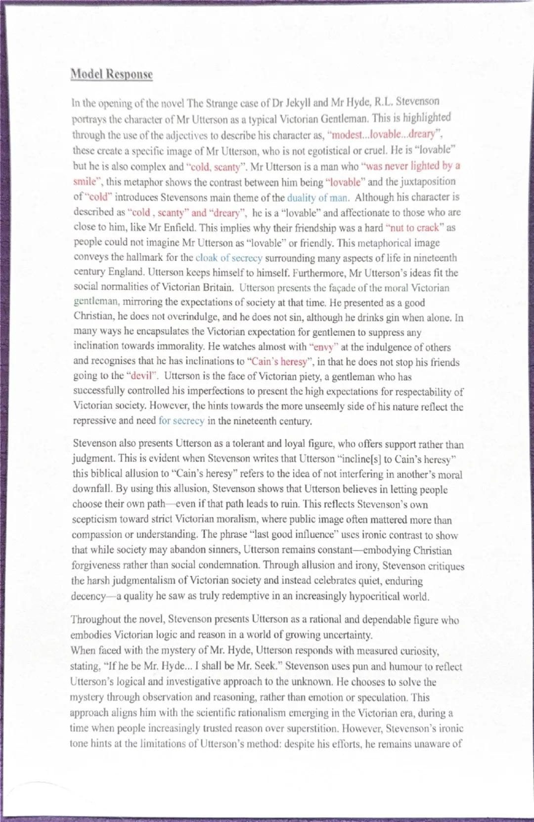 # Model Response
In the opening of the novel *The Strange case of Dr Jekyll and Mr Hyde*, R.L. Stevenson portrays the character of Mr Utter