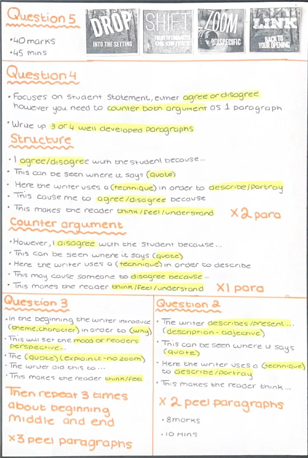 # Paper 1: Language (fiction)
Section A
* Question 14 marks 5 mins
↳ust 4 things from extract
* Question 28morks 10 MINS zoom in